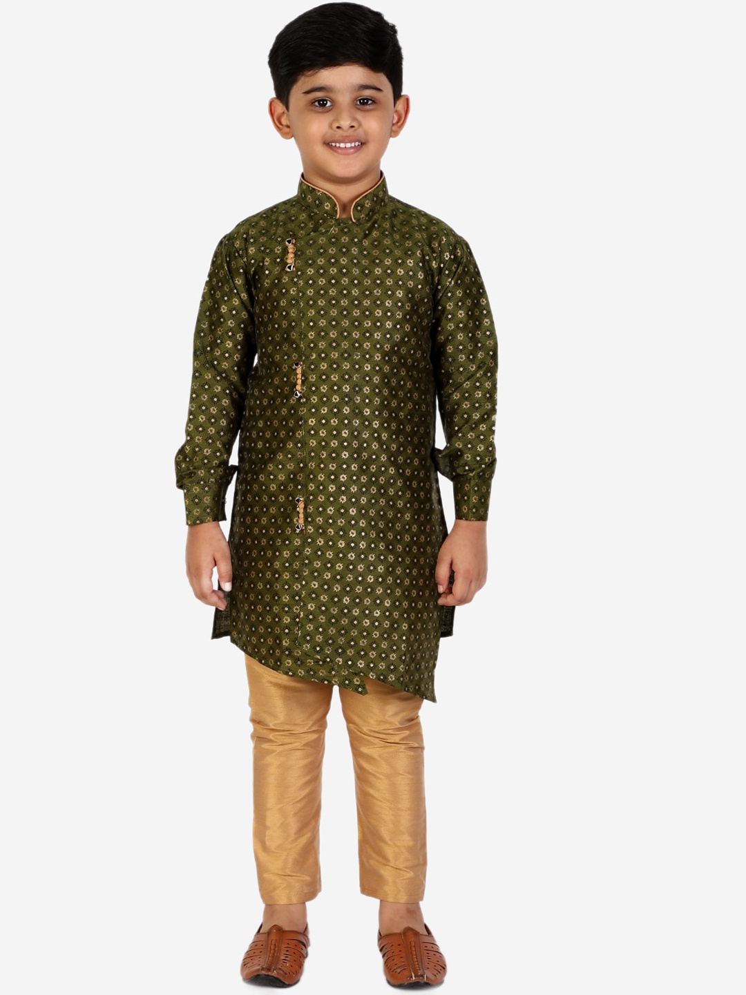 

Pro-Ethic STYLE DEVELOPER Boys Green Angrakha Pure Silk Kurta with Trousers