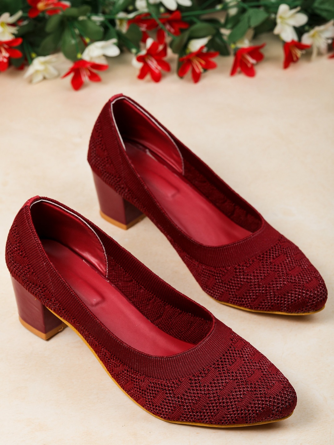 

H3F Maroon Textured Suede Party Block Pumps