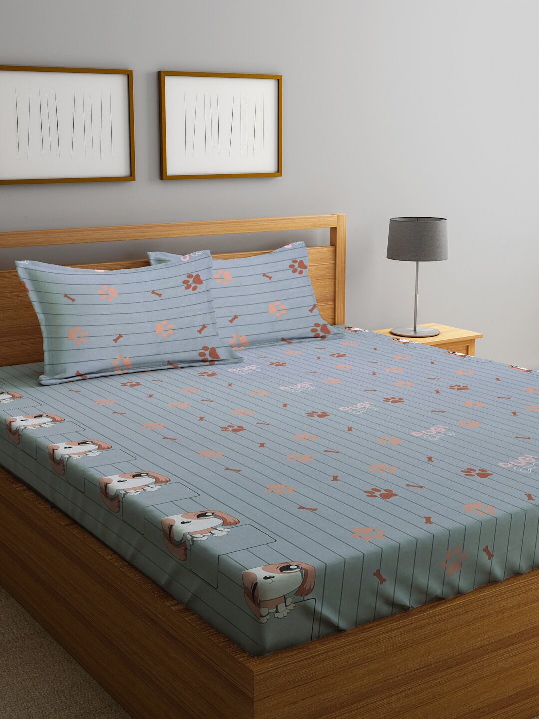 

KLOTTHE Unisex Kids Grey Cotton 300 TC Double Bedsheet with 2 Pillow Covers