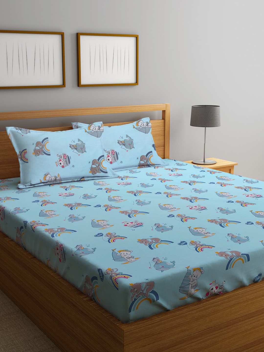 

KLOTTHE Blue & Grey Cartoon Characters 300 TC King Bedsheet with 2 Pillow Covers