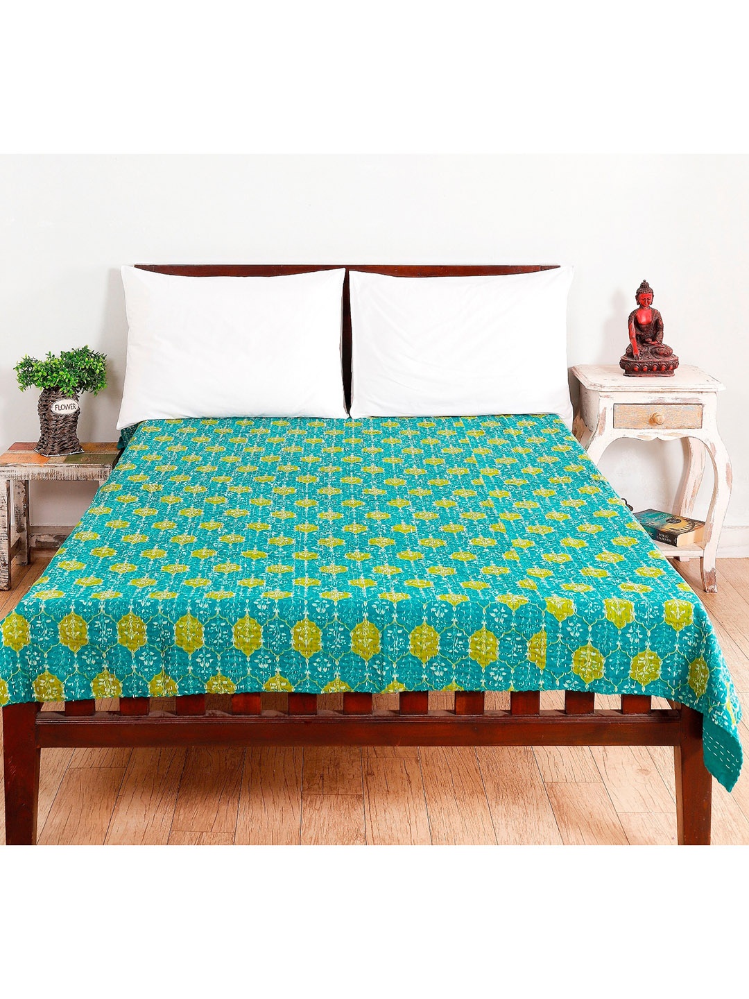 

HANDICRAFT PALACE Green Floral Printed Kantha Quilted Cotton Single Bed Cover