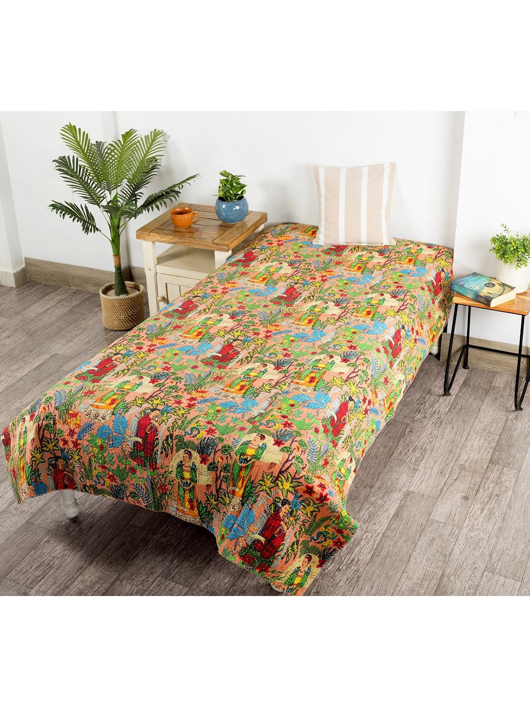 

HANDICRAFT PALACE Peach & Green Frida Kahlo Printed Kantha Quilted Cotton Single Bed Cover