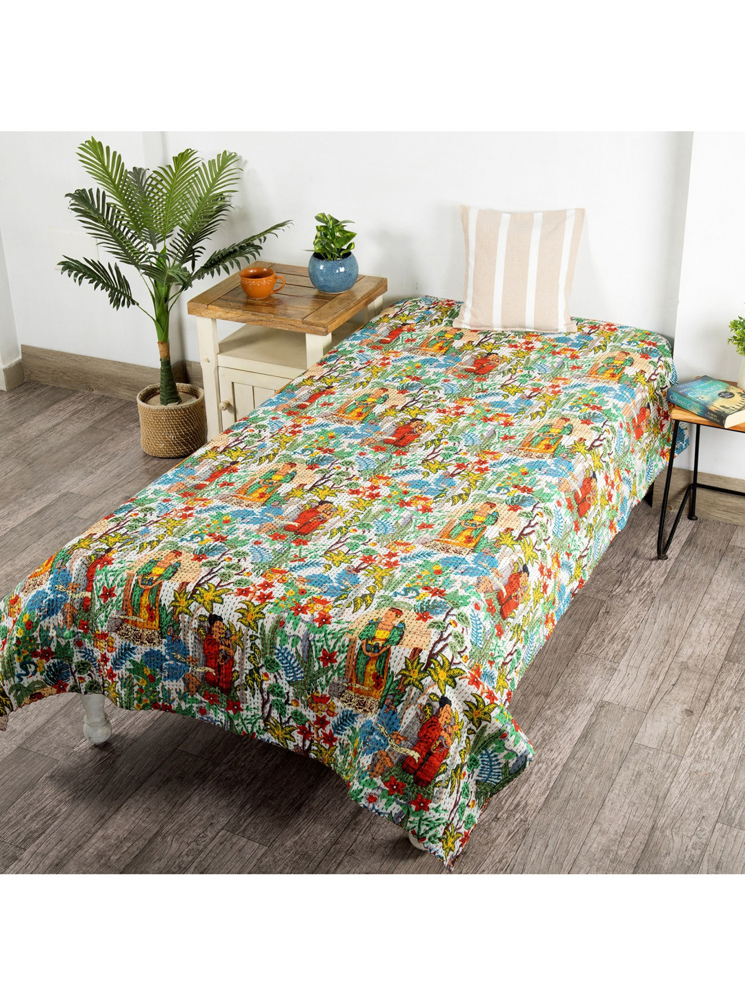 

HANDICRAFT PALACE White Printed Kantha Quilted Cotton Reversible Single Bed Cover