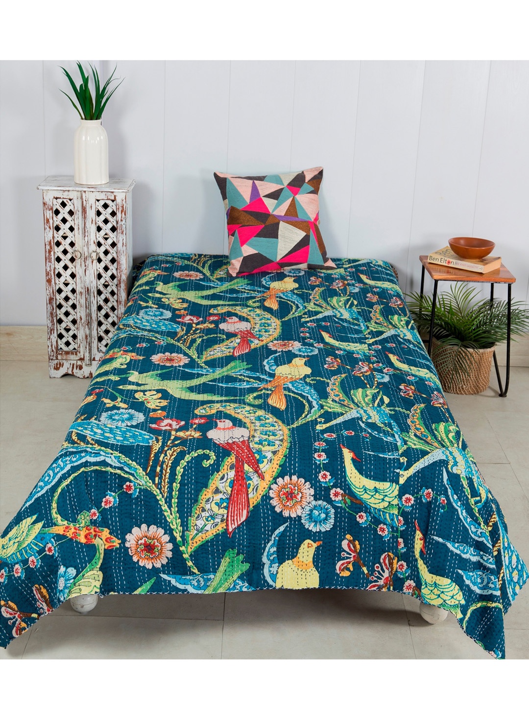 

BHANDICRAFT PALACE Blue Printed Kantha Quilted Cotton Single Bed Cover