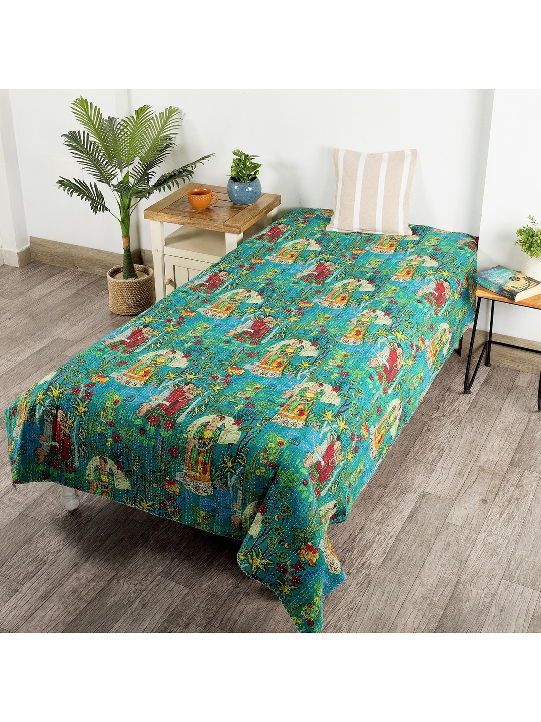 

HANDICRAFT PALACE Green Frida Kahlo Printed Kantha Quilted Cotton Single Bed Cover