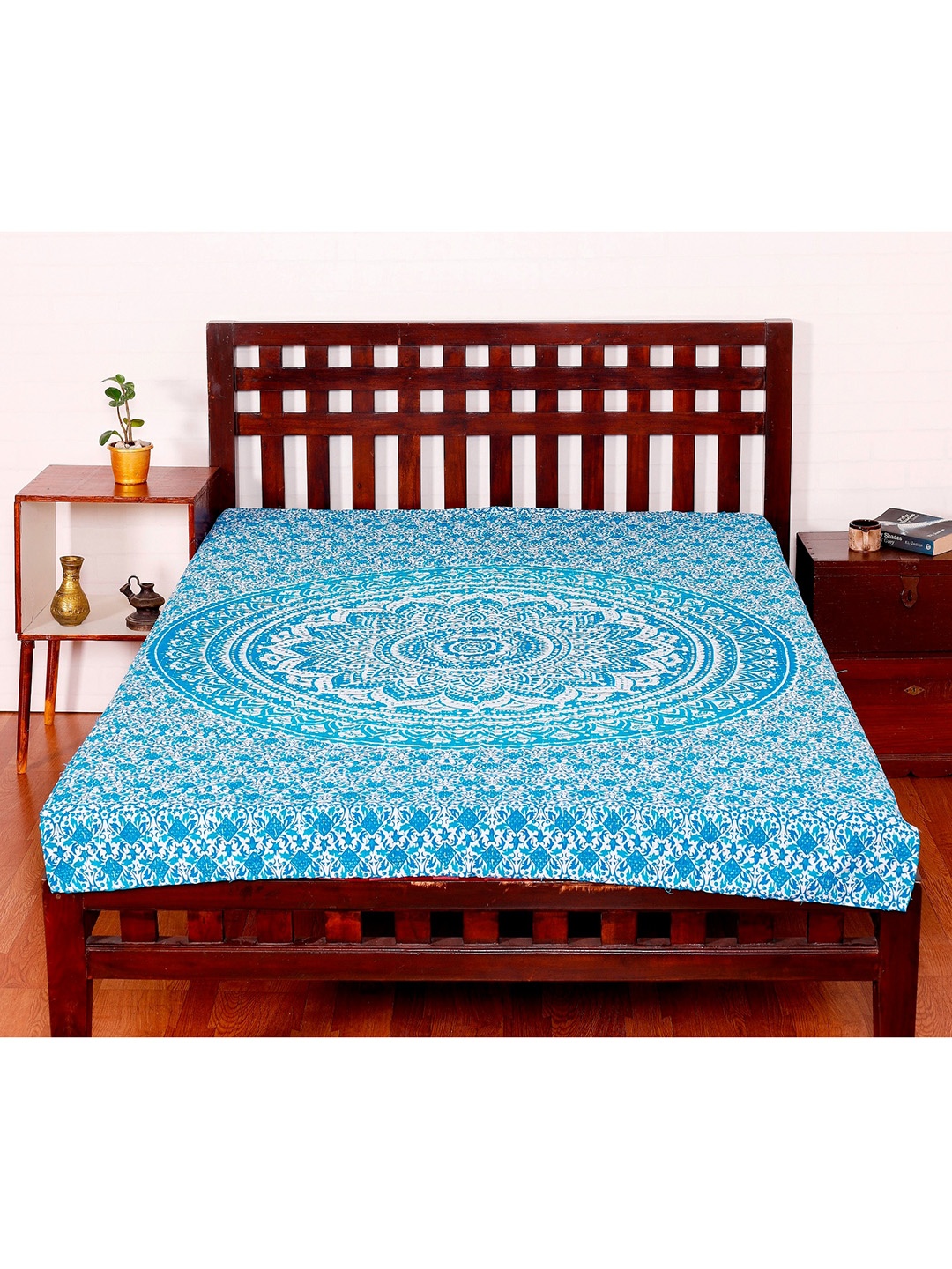 

HANDICRAFT PALACE Blue Ombre Mandala Printed Kantha Quilted Cotton Single Bed Cover