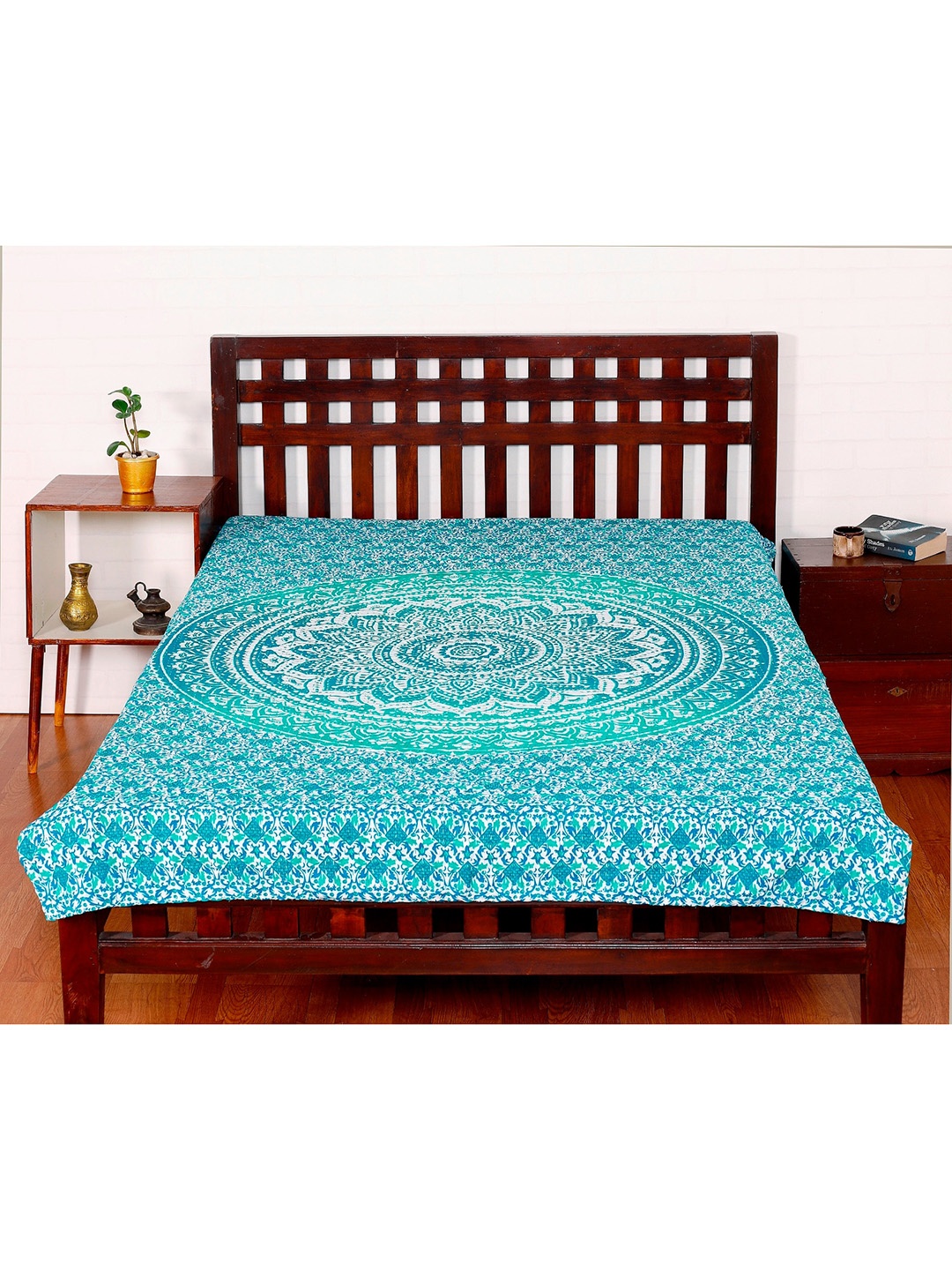 

HANDICRAFT PALACE Turquoise Blue Mandala Printed Kantha Quilted Cotton Single Bed Cover