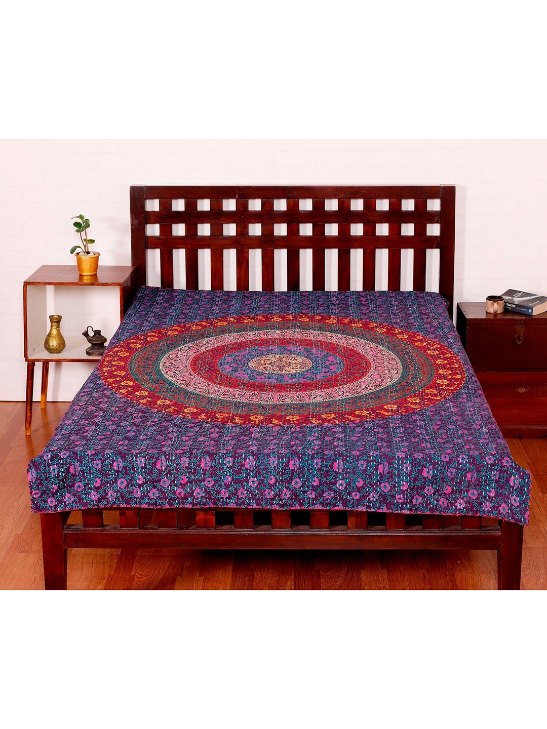 

HANDICRAFT PALACE Blue Mandala Printed Kantha Quilted Cotton Single Bed Cover