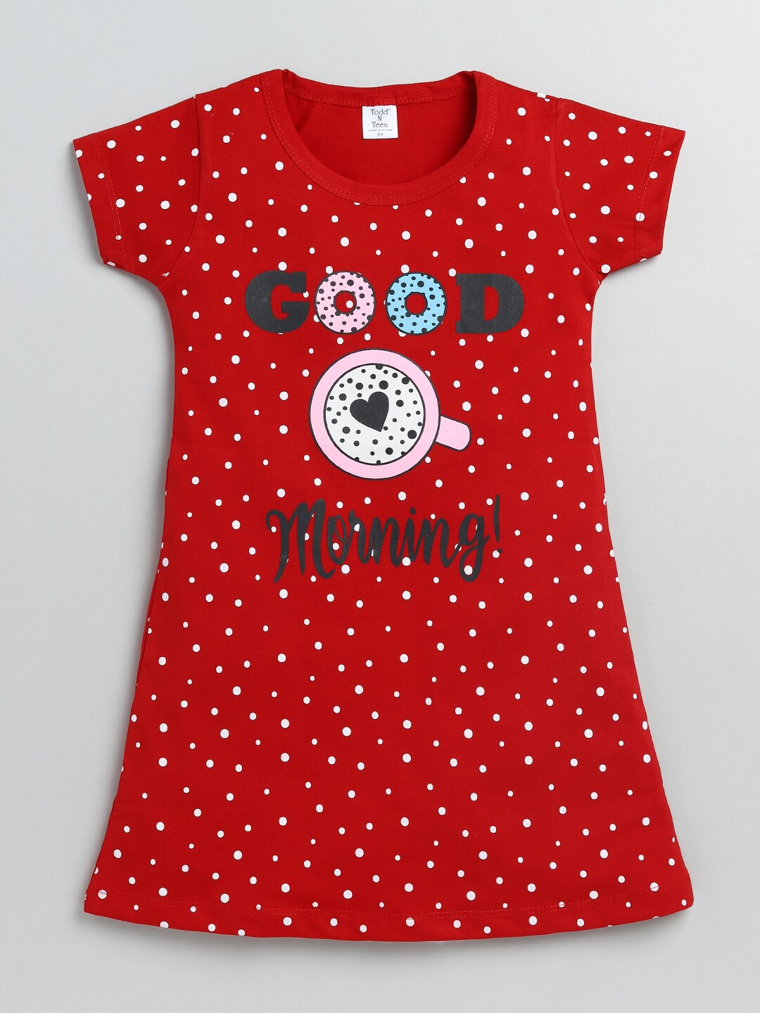 

Todd N Teen Girls Red and White Pure Cotton Printed Nightdress