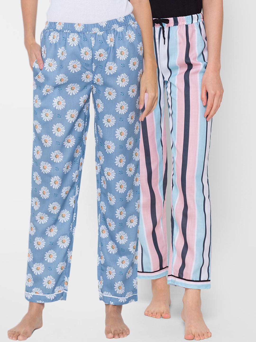

FashionRack Women Pack Of 2 Blue & Pink Printed Lounge Pants