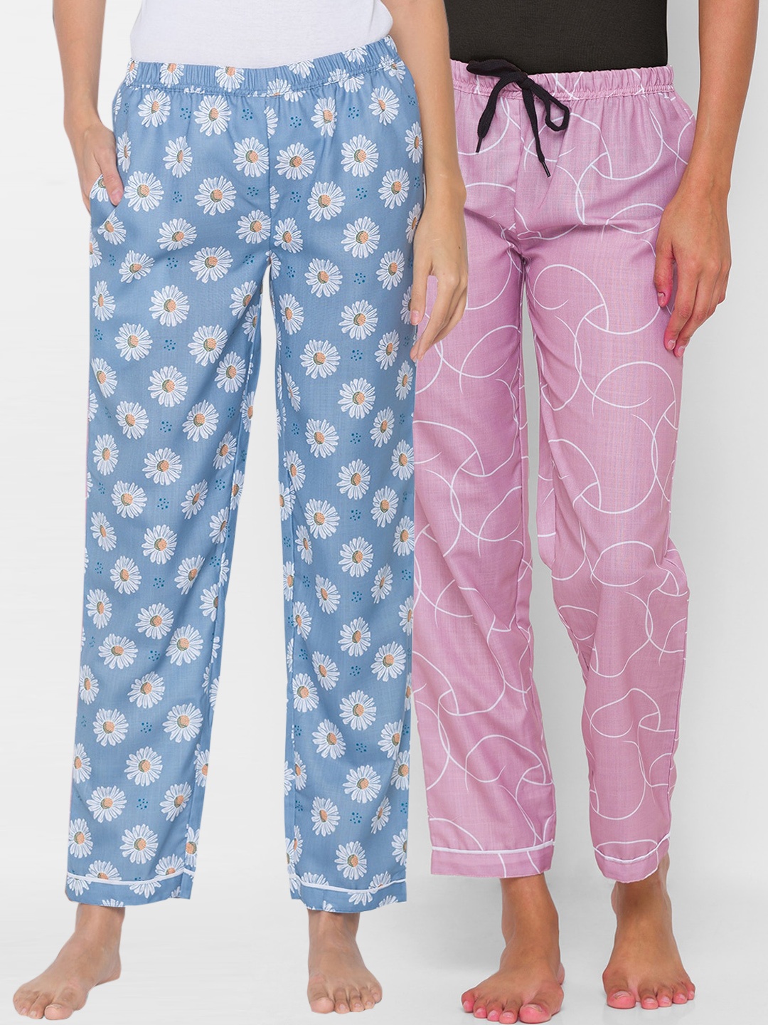 

FashionRack Women Set of 2 Blue & Pink Printed Cotton Lounge Pants