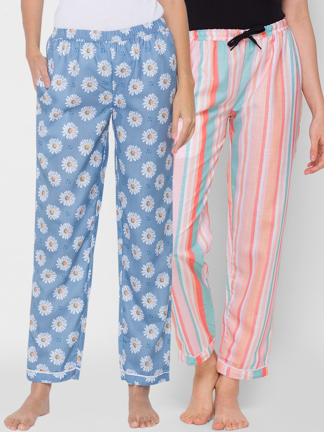 

FashionRack Women Pack Of 2 Blue & Orange Printed Lounge Pants