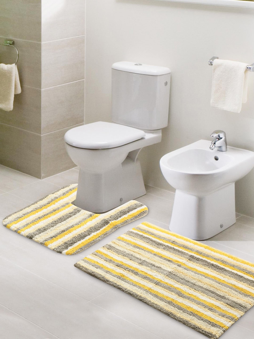 

SASHAA WORLD Yellow & Grey Set of 2 Striped Anti Skid Bath Rugs