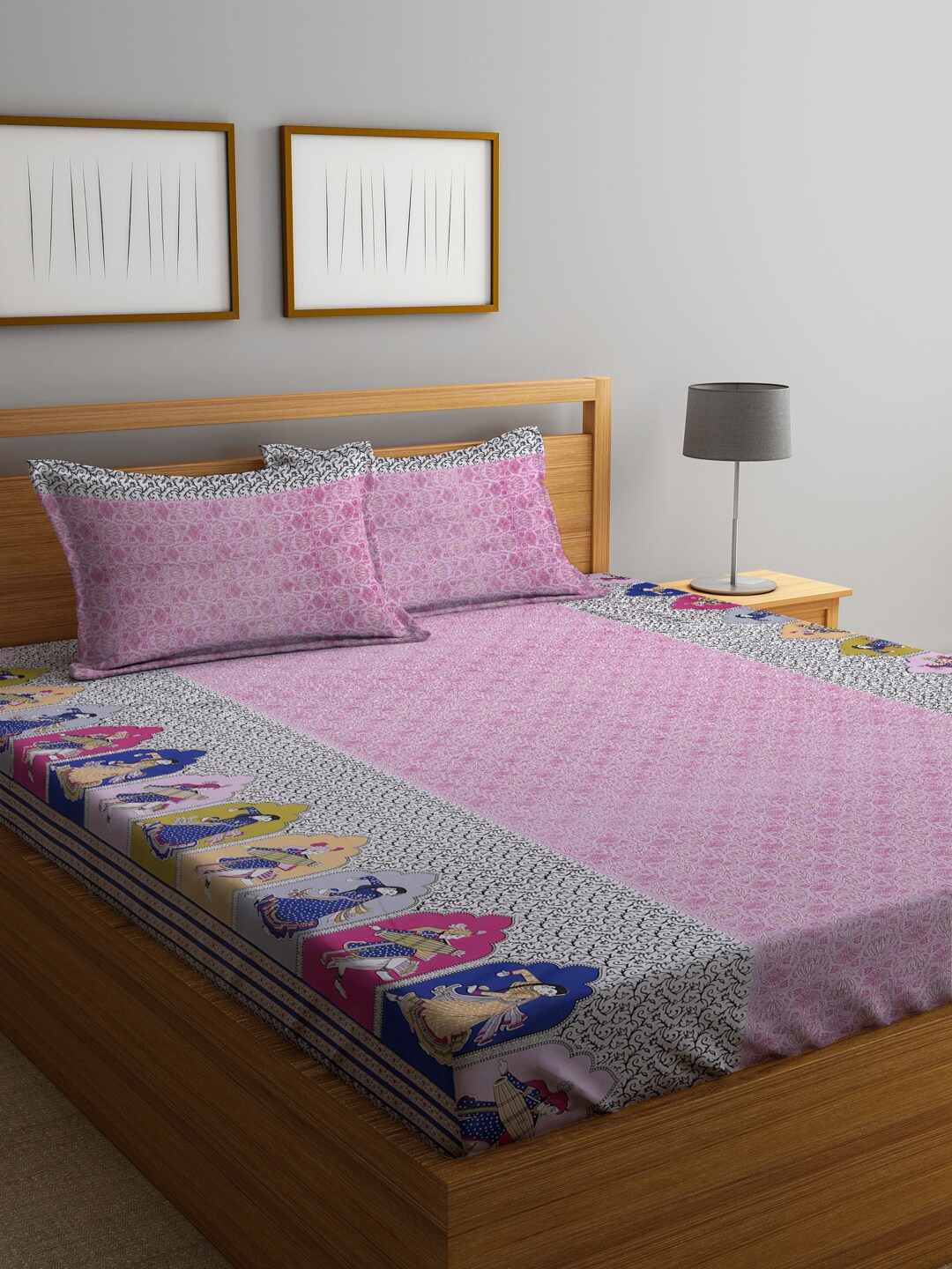 

KLOTTHE Pink & Blue Ethnic Motifs 300 TC King Bedsheet with 2 Pillow Covers