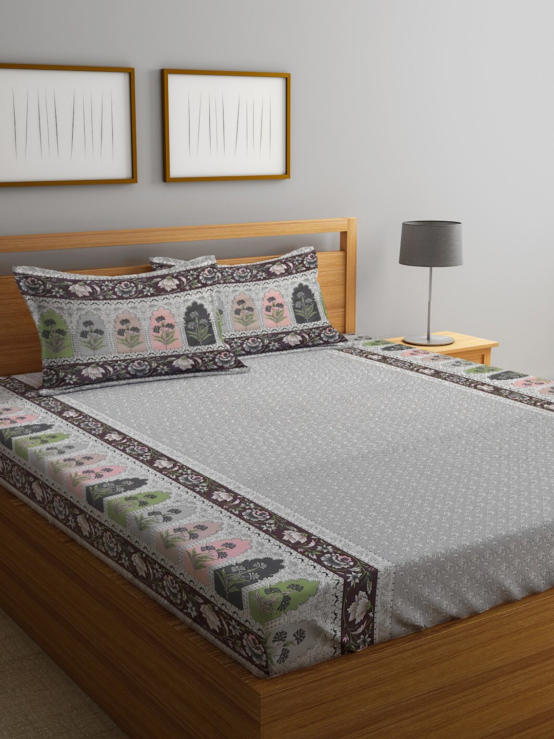 

KLOTTHE Grey & White Ethnic Motifs 300 TC Cotton King Bedsheet with 2 Pillow Covers