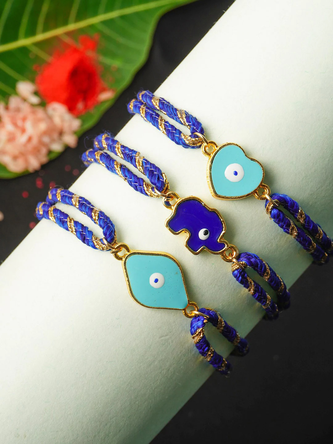 

Ferosh Men Set Of 3 Multi-Colored Evil Eye Rakhi With Roli & Chawal