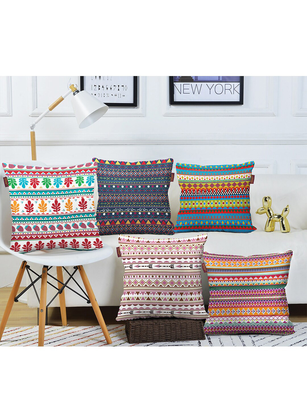 

AEROHAVEN Set of 5 Multicolored Printed Cotton Canvas Square Cushion Covers, Multi