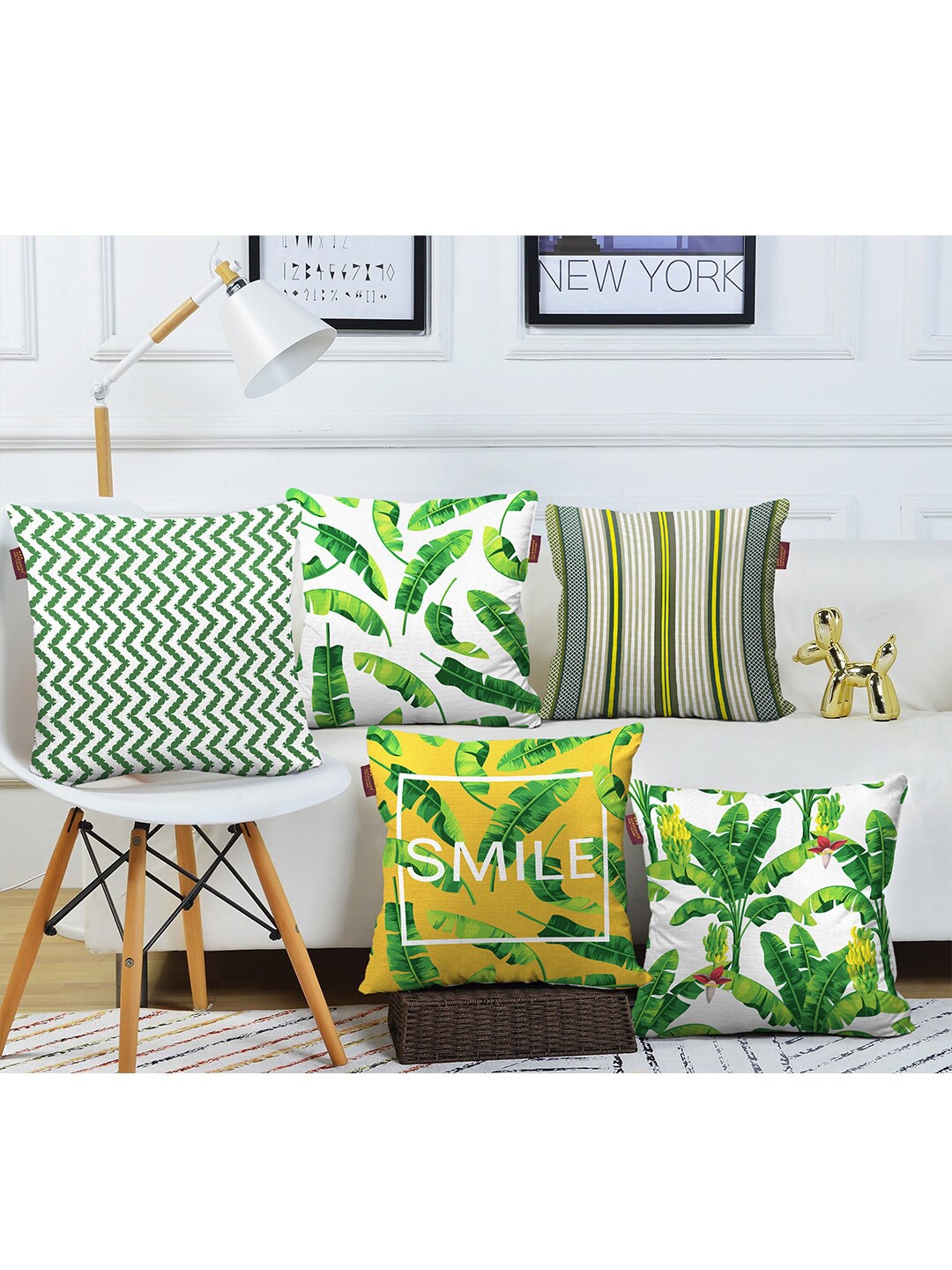 

AEROHAVEN Set of 5 Green Printed Square Cotton Canvas Cushion Covers