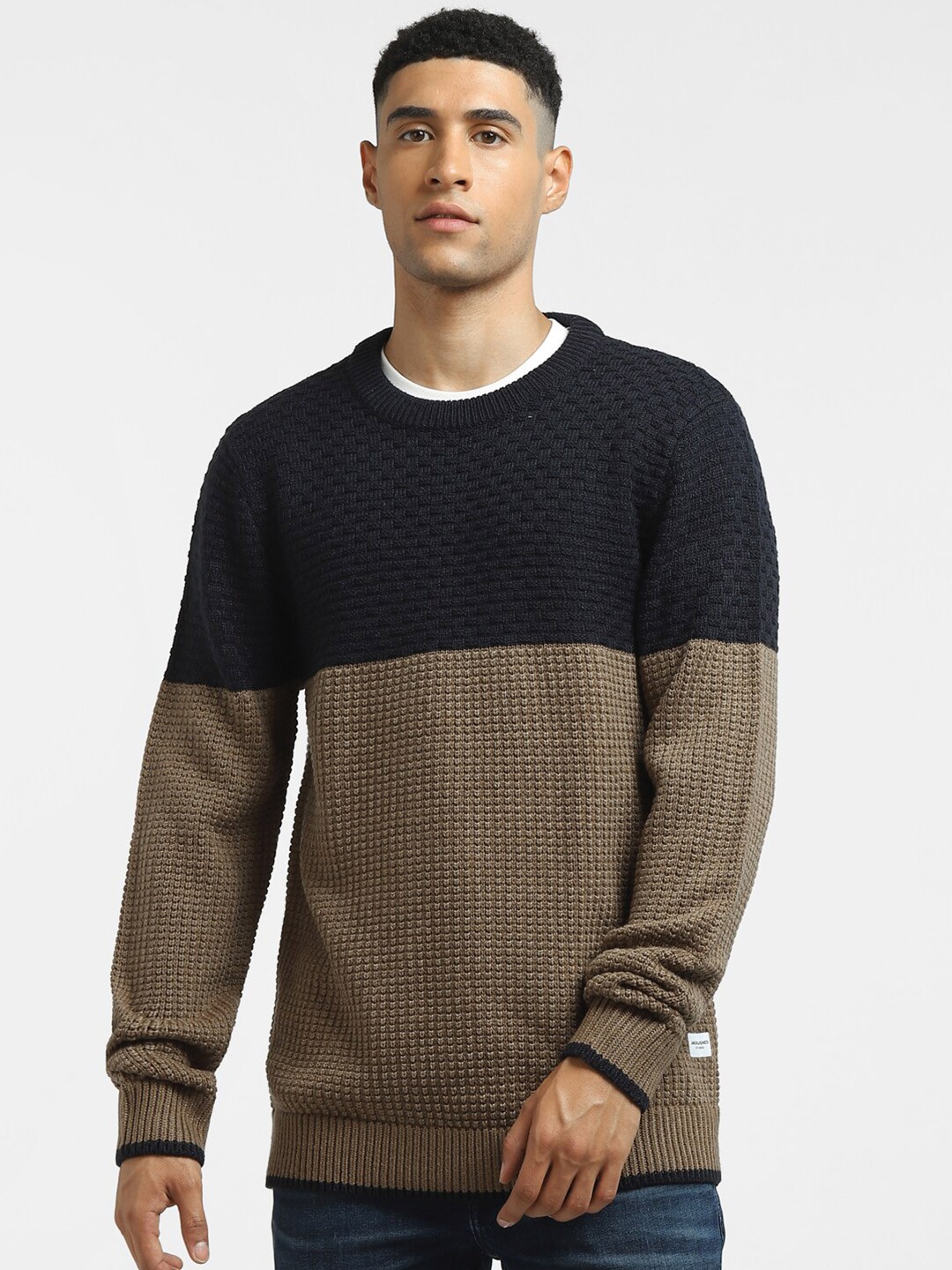

Jack & Jones Men Beige & Navy Blue Colourblocked Pullover
