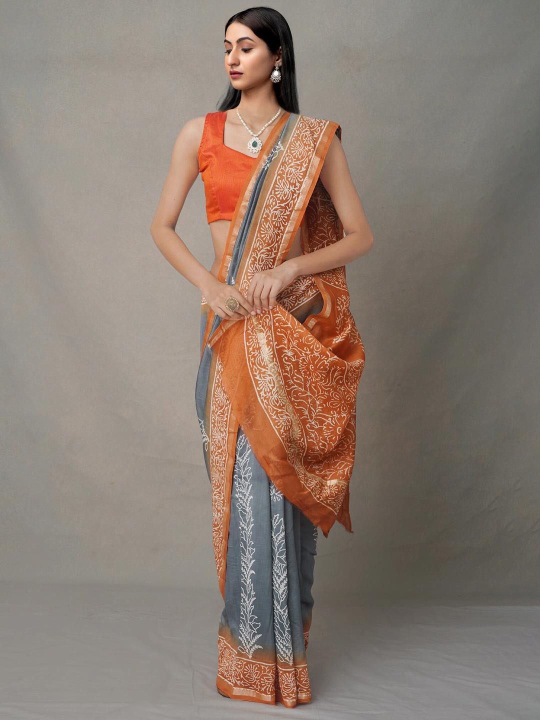

Unnati Silks Women Grey & Orange Ethnic Motifs Zari Silk Blend Summer Bangalore Silk Saree
