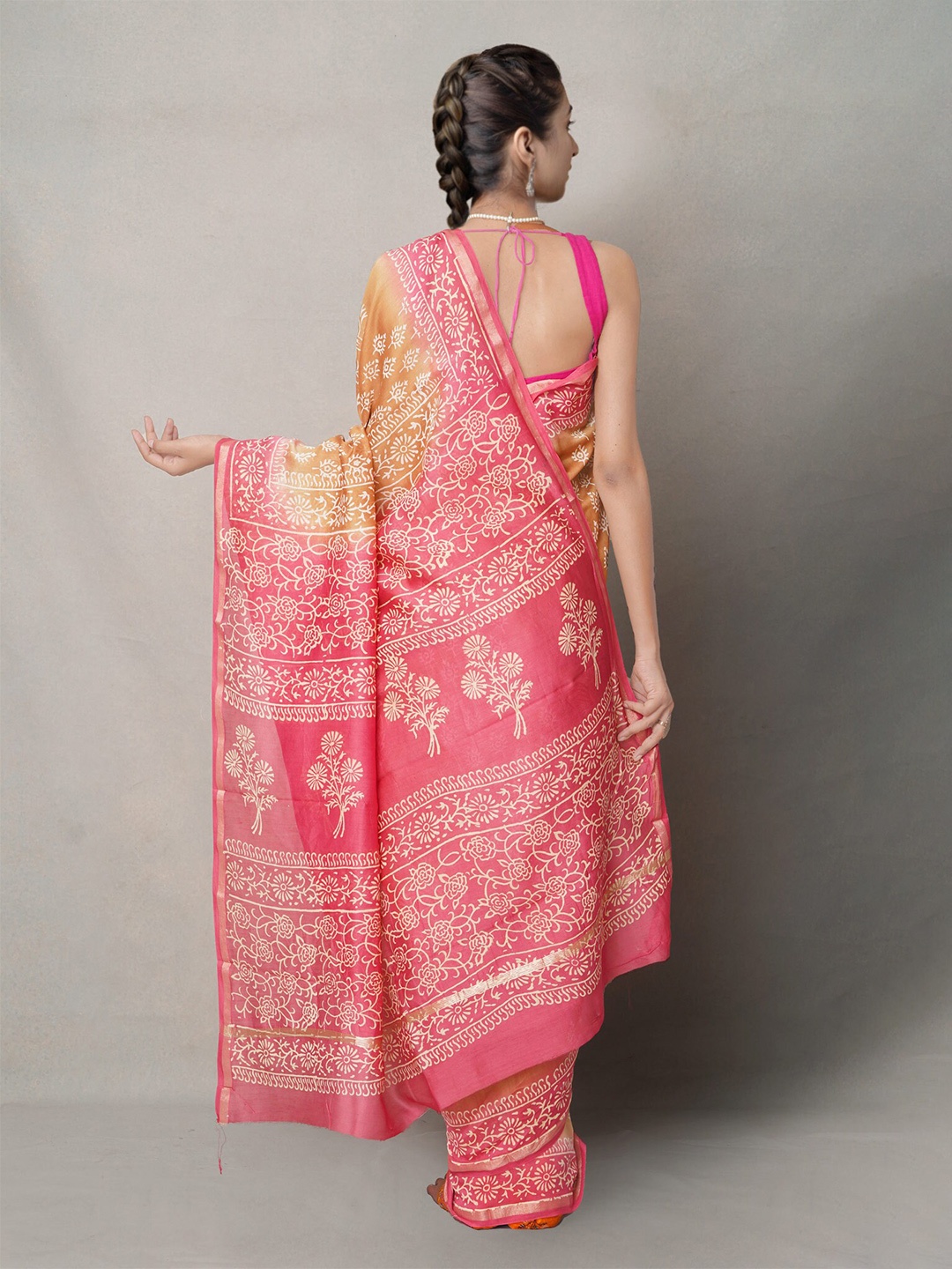 

Unnati Silks Brown & Pink Ethnic Motifs Zari Silk Blend Baluchari Saree