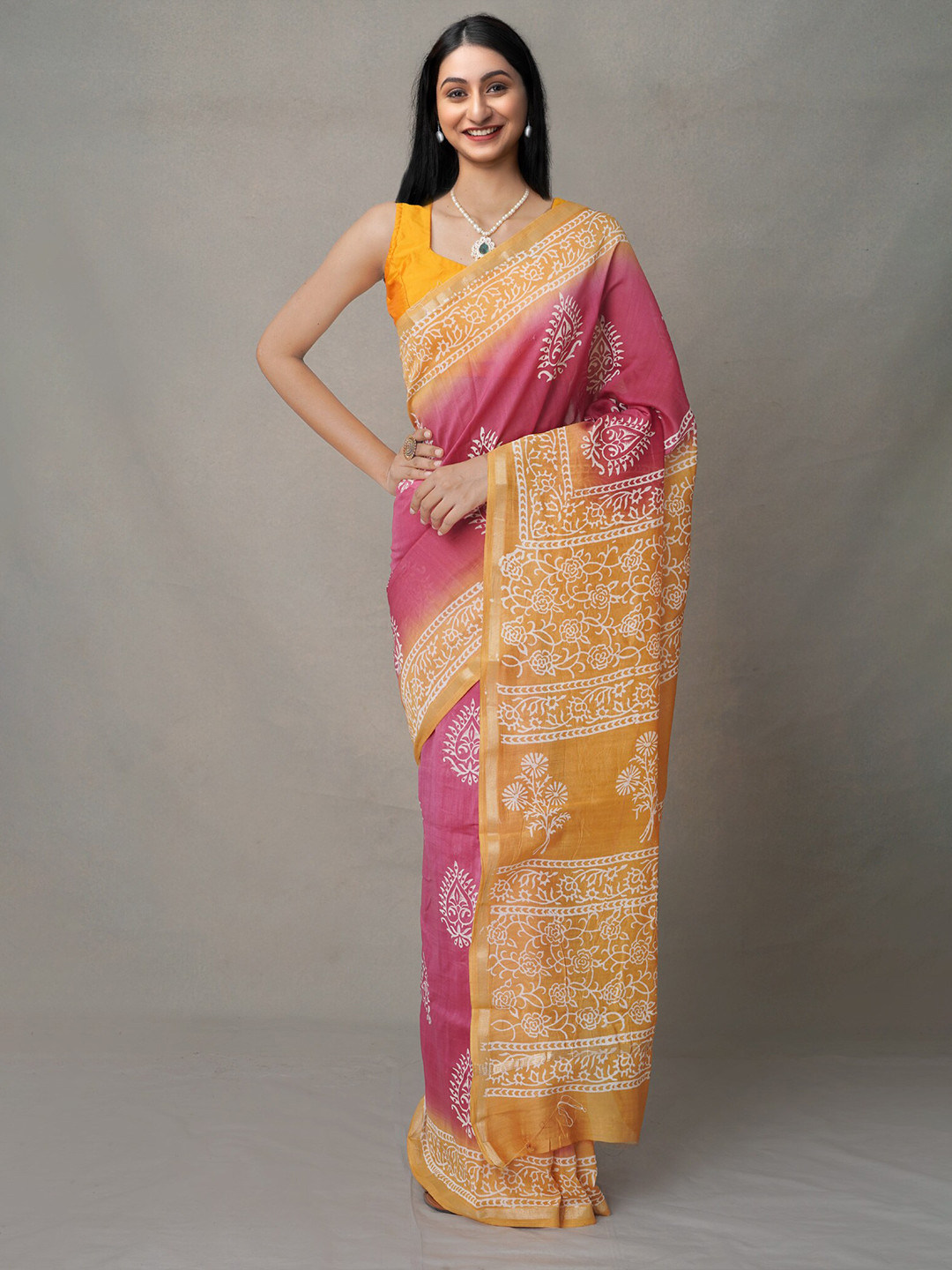 

Unnati Silks Pink & White Ethnic Motifs Zari Silk Blend Baluchari Saree