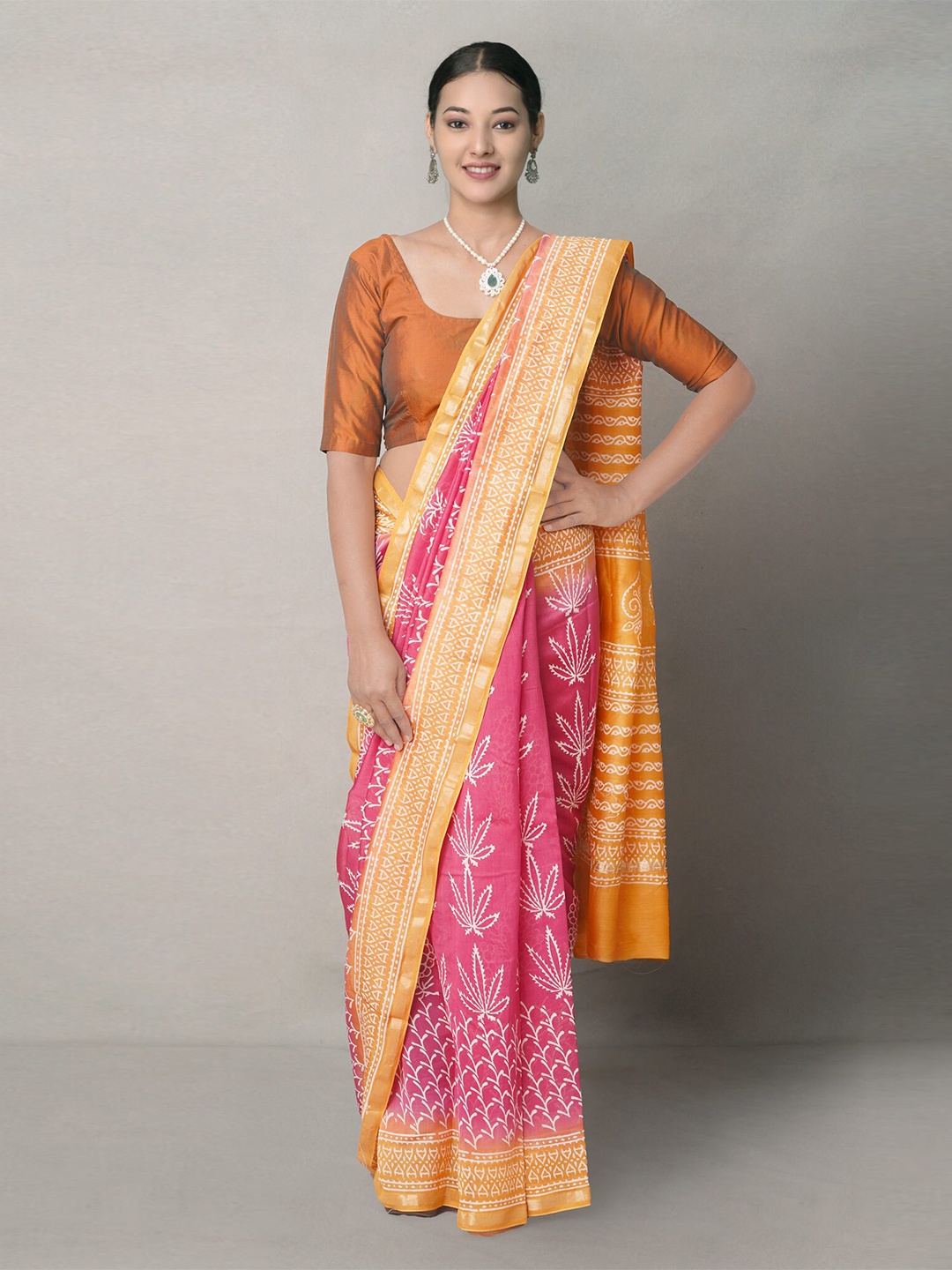 

Unnati Silks Pink & Yellow Ethnic Motifs Zari Silk Blend Baluchari Saree
