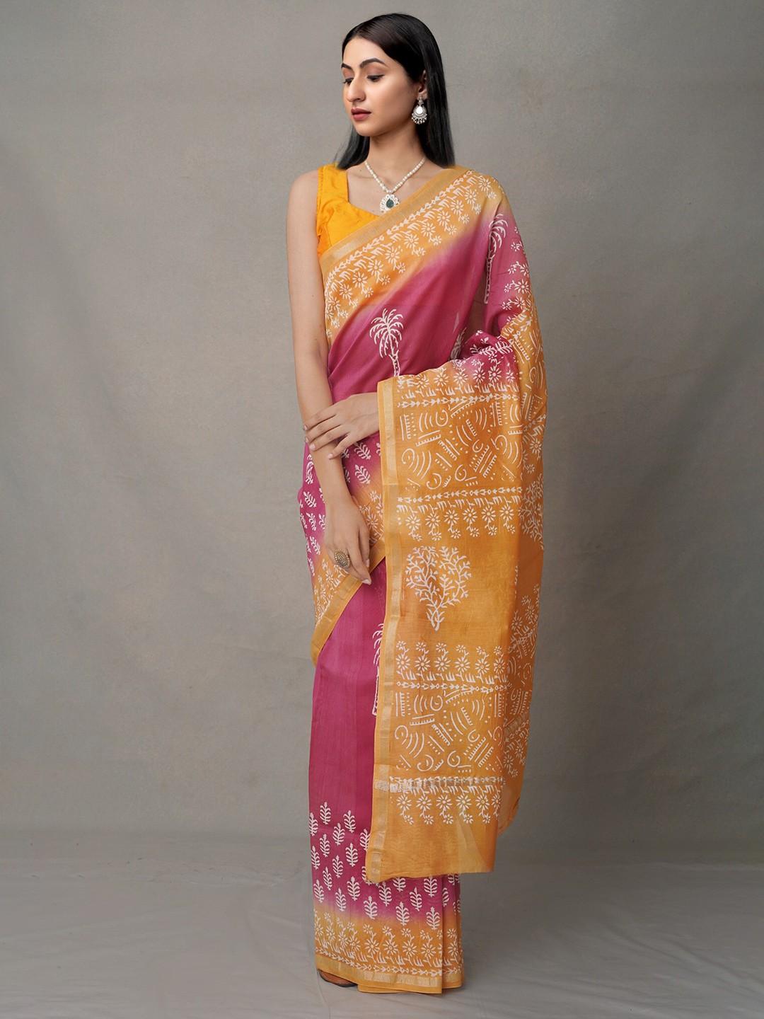 

Unnati Silks Pink & Yellow Ethnic Motifs Zari Silk Blend Baluchari Saree