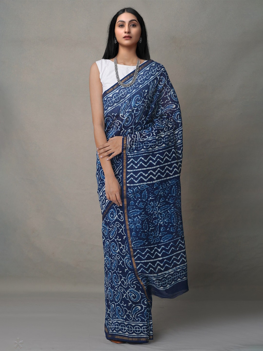 

Unnati Silks Blue Dabu Silk Cotton Chanderi Saree