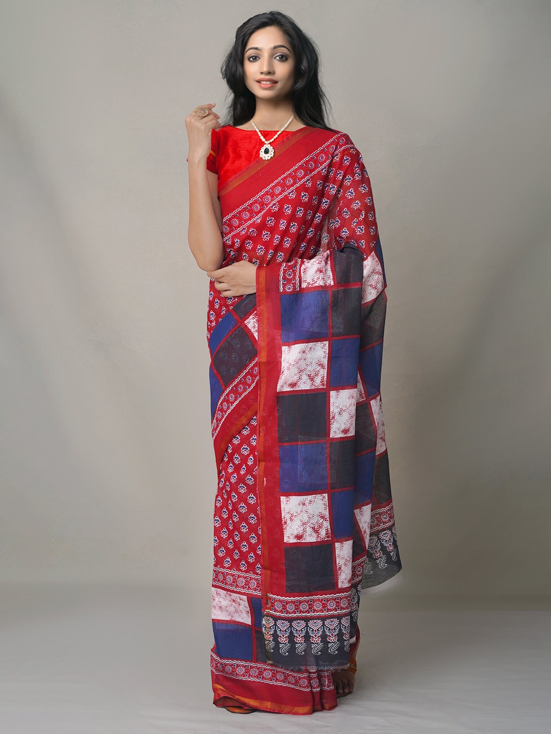 

Unnati Silks Red & Blue Dabu Silk Cotton Chanderi Saree