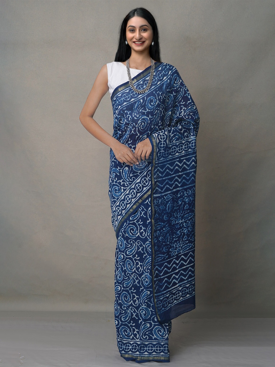 

Unnati Silks Blue Tie And Dyed Dabu Chanderi Saree