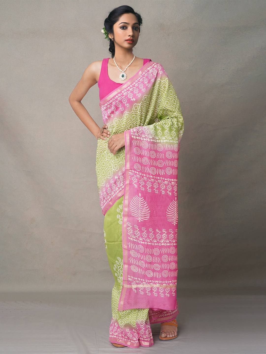 

Unnati Silks Green & Pink Ethnic Motifs Zari Baluchari Saree