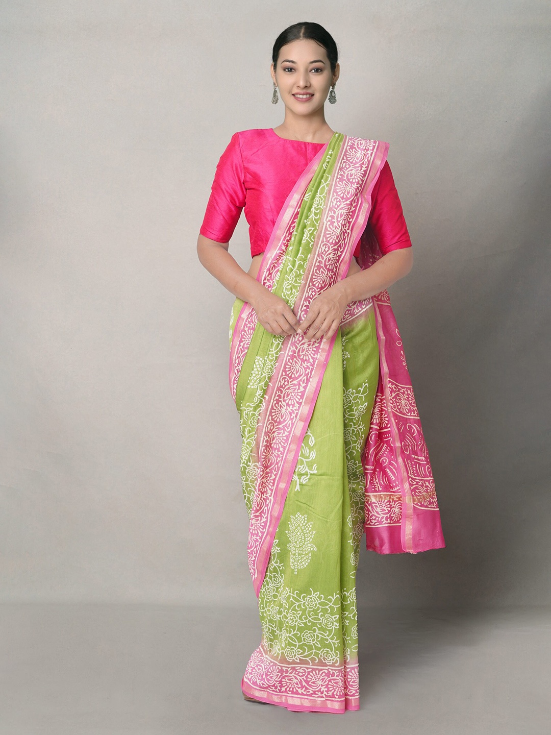 

Unnati Silks Green & Pink Ethnic Motifs Baluchari Saree