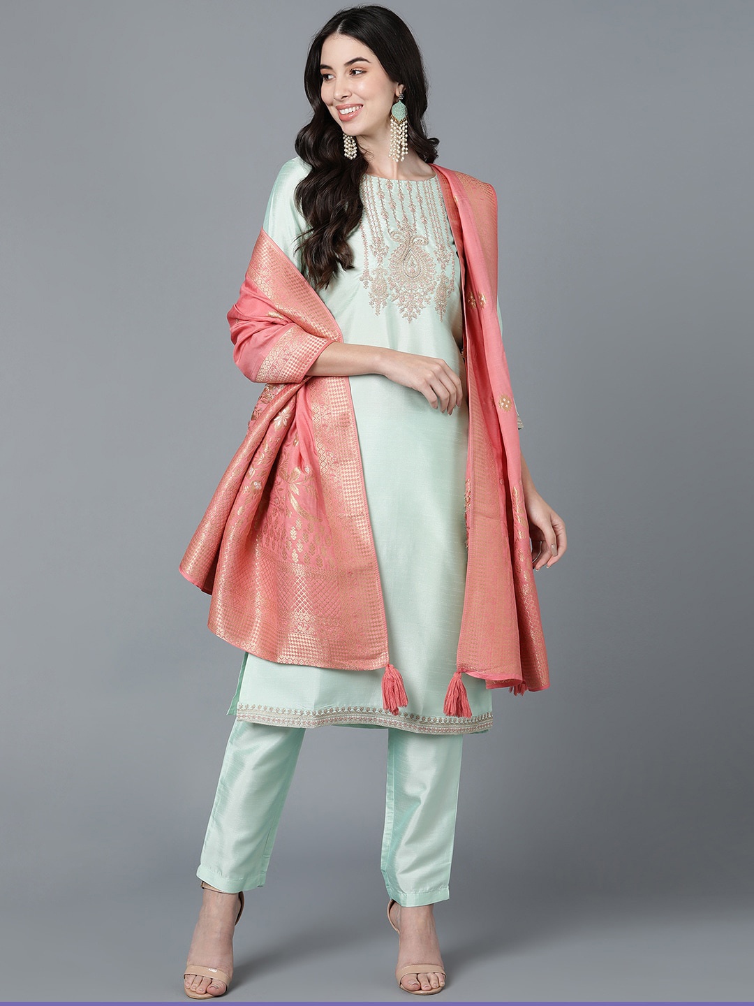 

AHIKA Women Green Floral Embroidered Panelled Kurta with Trousers & With Dupatta