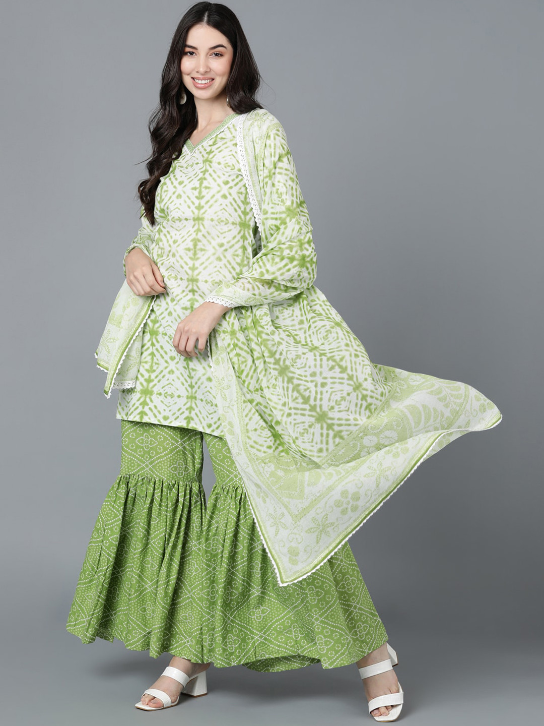 

AHIKA Women Lime Green & White Tie & Dye Printed Pure Cotton Kurta with Sharara & Dupatta