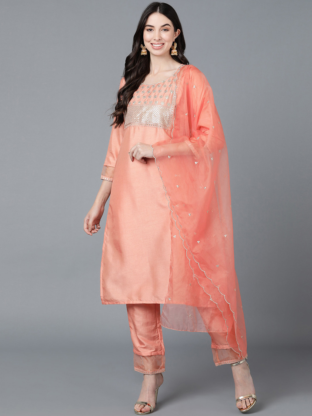

AHIKA Women Peach-Coloured Panelled Kurta with Trousers & With Dupatta
