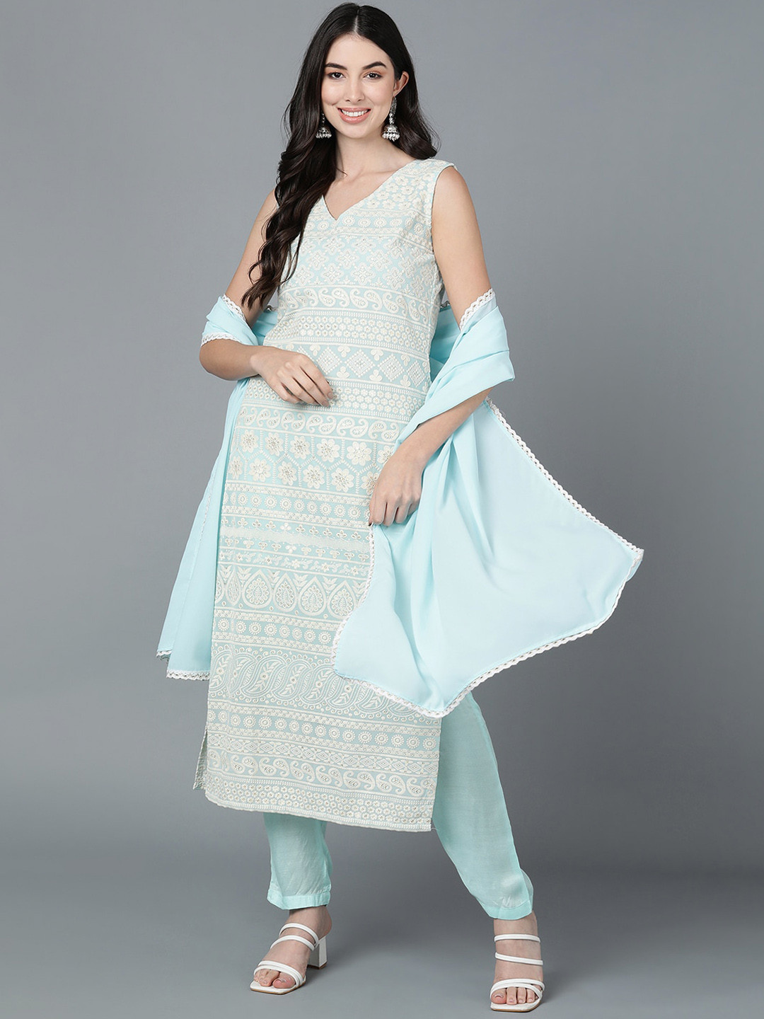 

AHIKA Women Blue Embroidered Layered Kurti with Trousers & With Dupatta