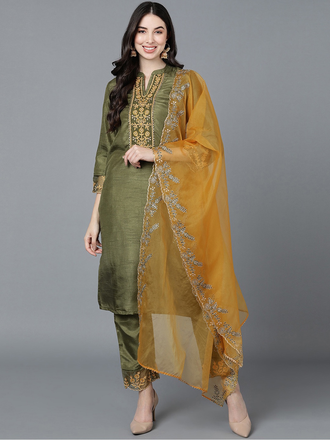 

AHIKA Women Olive Green Poly Silk Embroidered Kurta Trousers With Dupatta