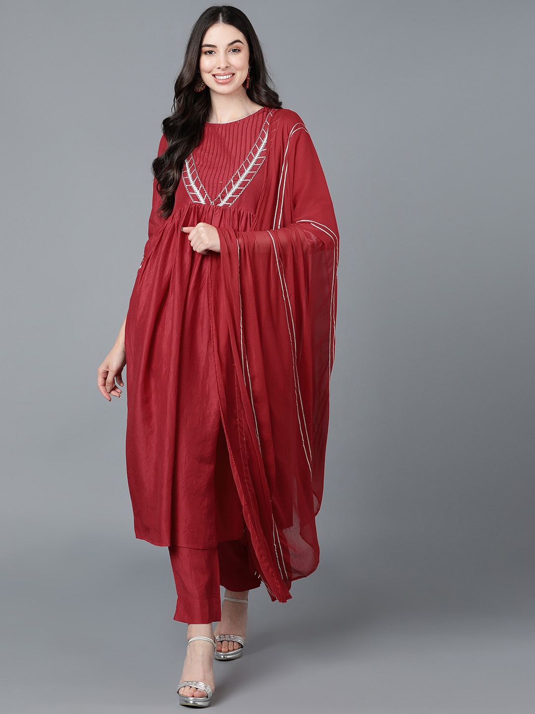 

AHIKA Women Red Yoke Design Empire Kurta with Trousers & With Dupatta