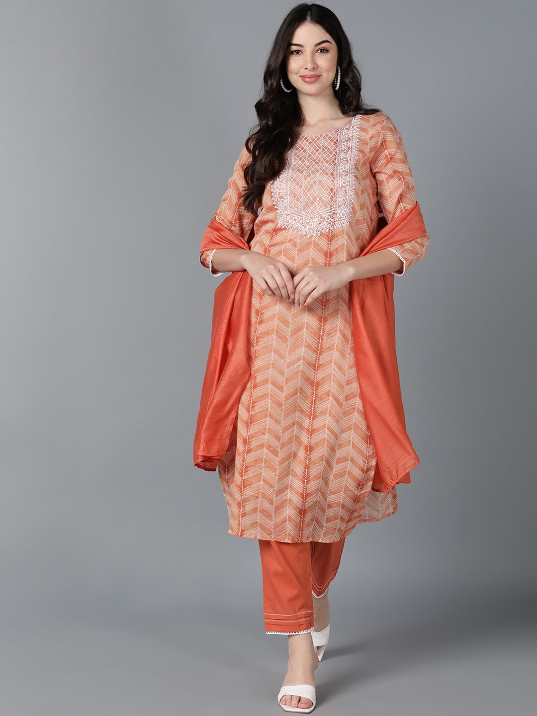 

AHIKA Women Orange Yoke Design Kurta with Trousers & With Dupatta, Beige