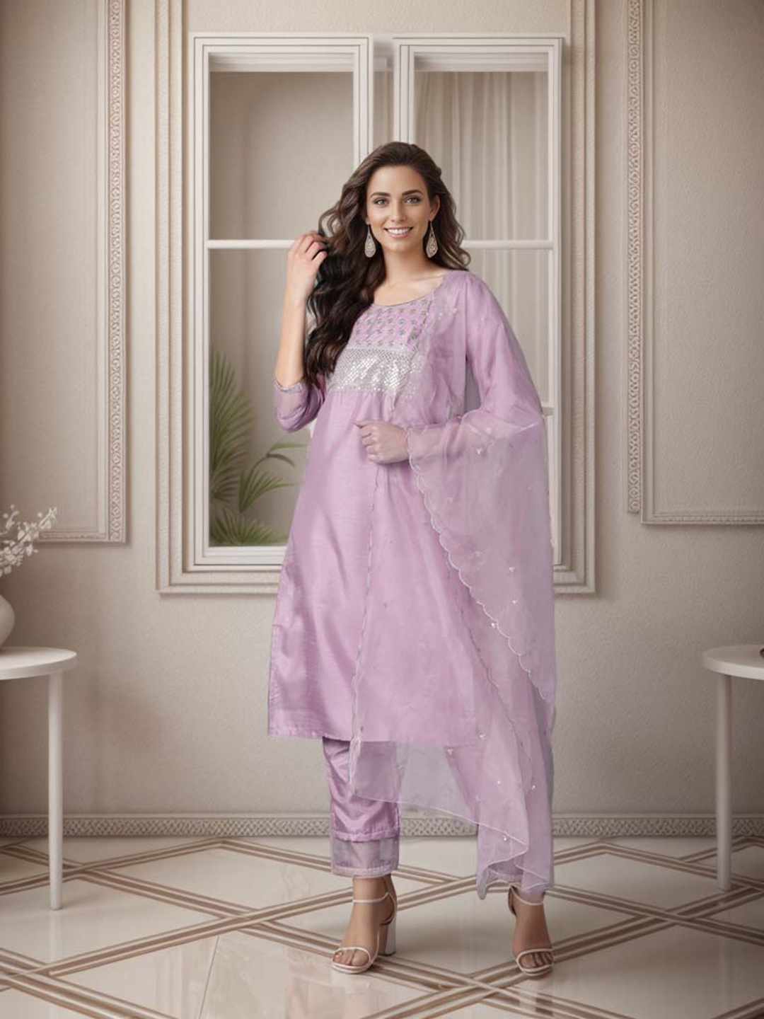 

AHIKA Women Mauve Embroidered Panelled Kurta with Trousers & Dupatta