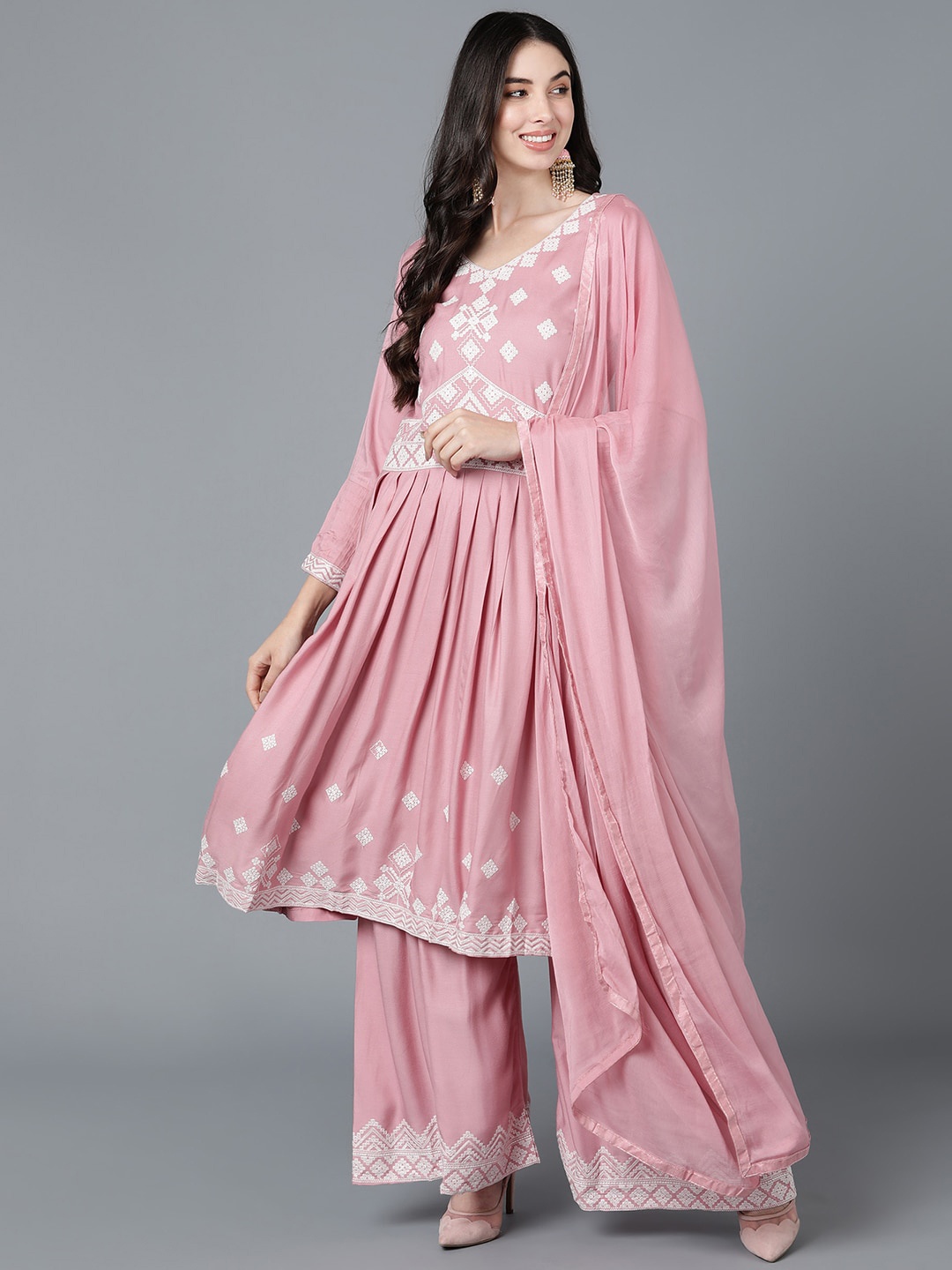 

AHIKA Women Pink Floral Embroidered Empire Kurti with Sharara & With Dupatta