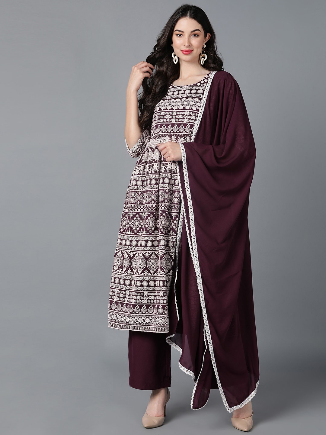 

AHIKA Women Burgundy Ethnic Motifs Embroidered Pleated Kurta with Palazzos & Dupatta