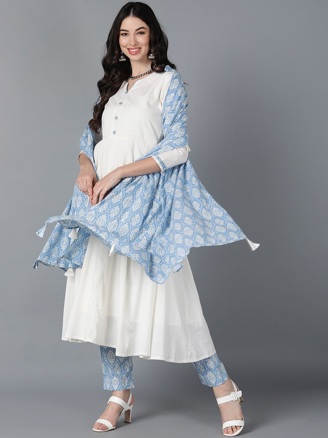 

AHIKA Women White Ethnic Motifs Anarkali Pure Cotton Kurta with Trousers & With Dupatta