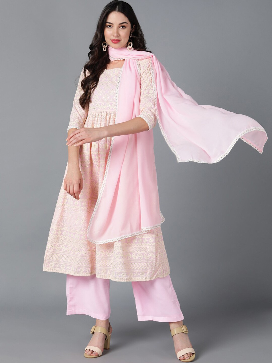 

AHIKA Women Pink Ethnic Motifs Embroidered Empire Kurta with Trousers