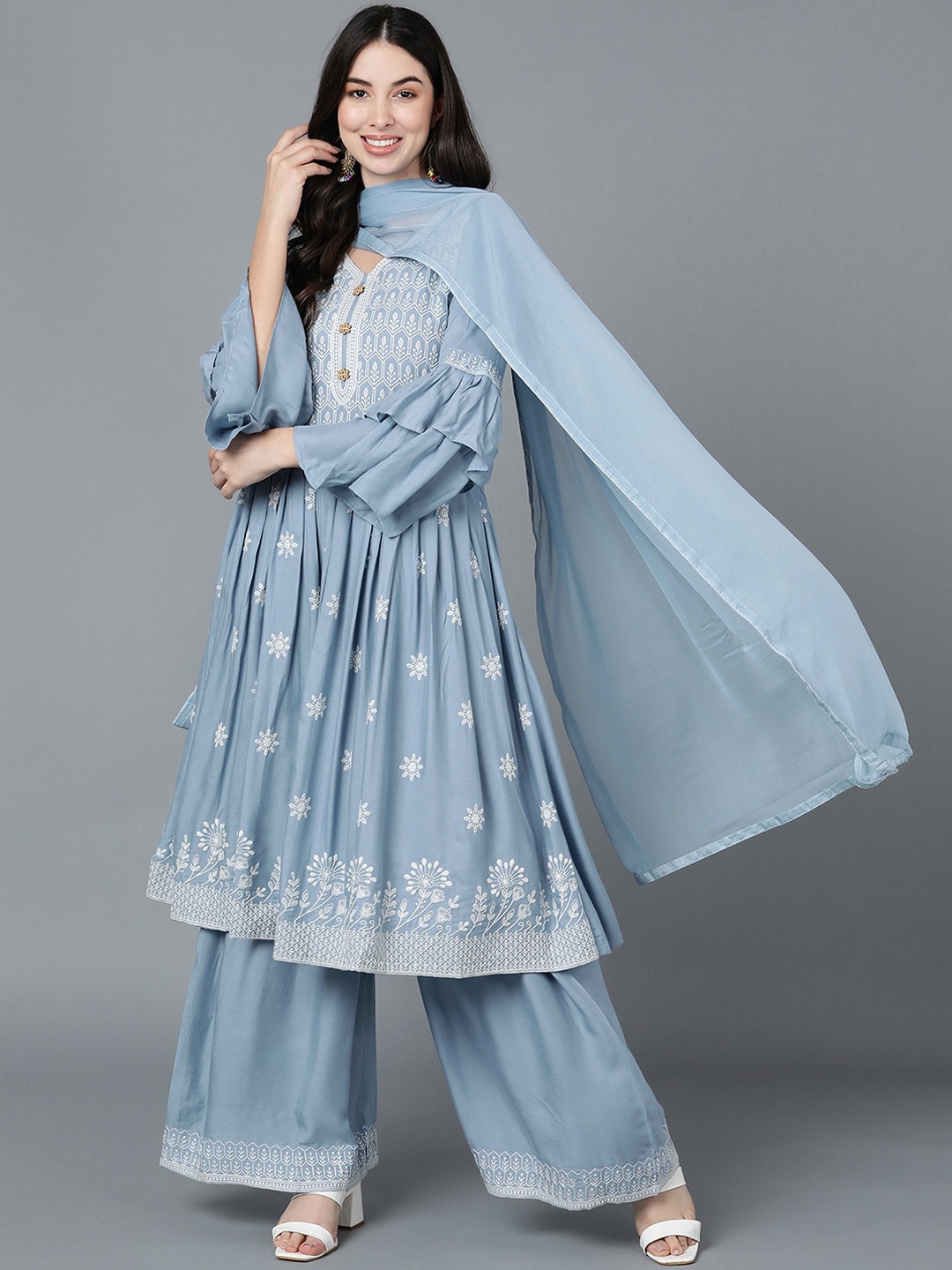 

AHIKA Women Blue Ethnic Motifs Embroidered Panelled Kurti with Palazzos & With Dupatta