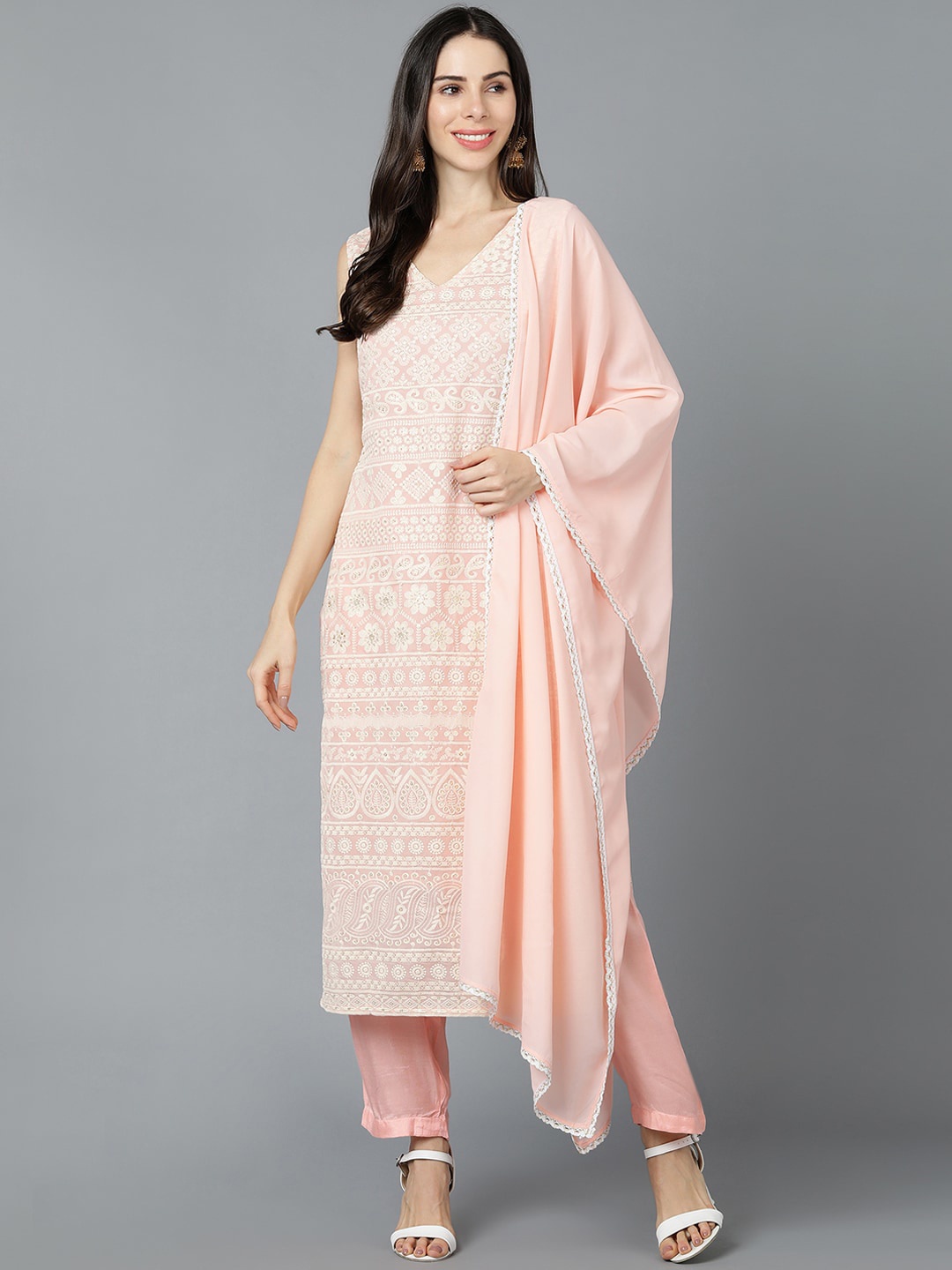 

AHIKA Women Peach-Coloured Embroidered Kurta Trouser With Dupatta
