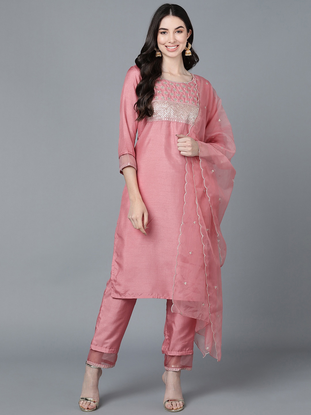 

AHIKA Women Pink Paisley Yoke Design Kurta with Trousers & With Dupatta