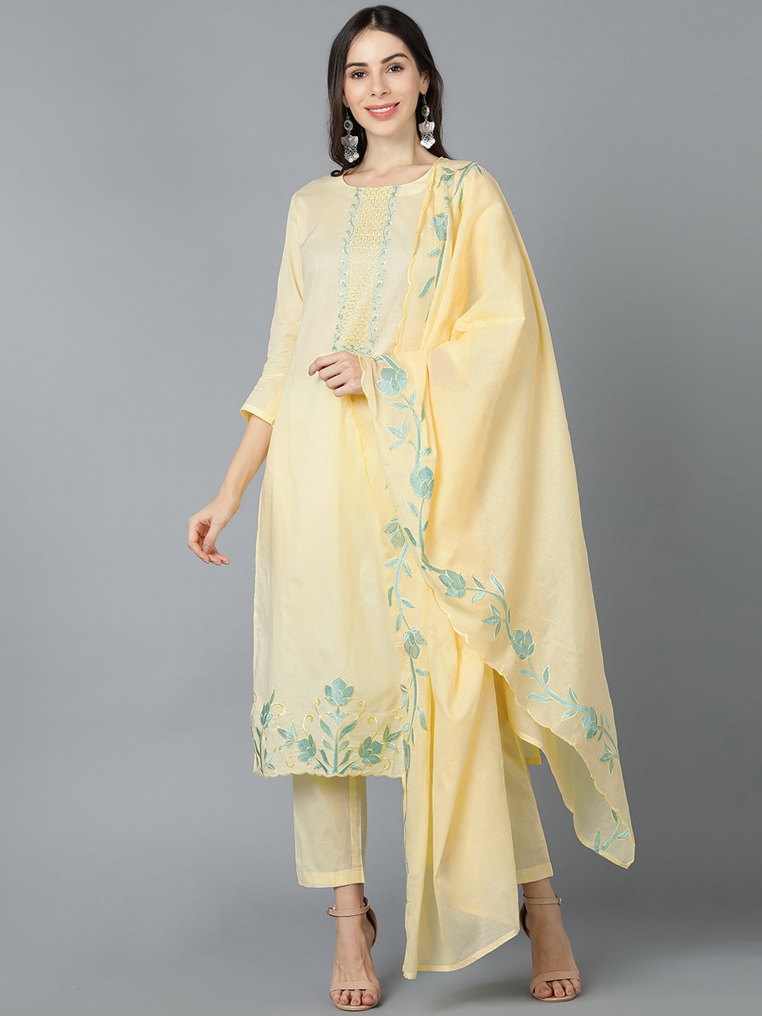

AHIKA Women Yellow Floral Embroidered Thread Work Kurta with Trousers & With Dupatta