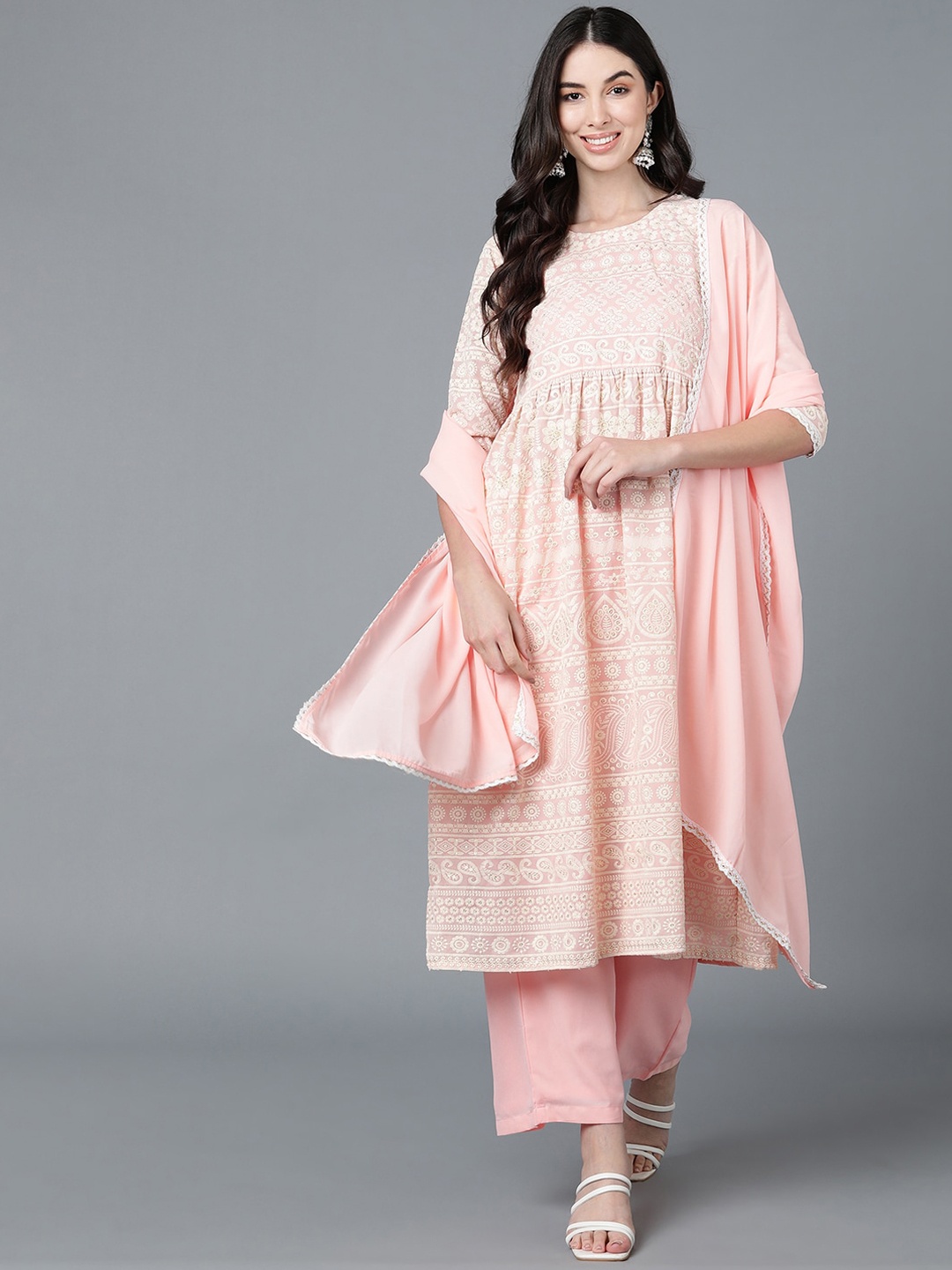 

AHIKA Women Peach-Coloured Floral Embroidered Kurta with Palazzos & With Dupatta